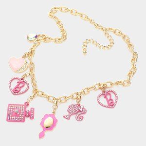Barbie Pink Teardrop Stone Heart B Monogram Perfume Mirror Pendant Necklace